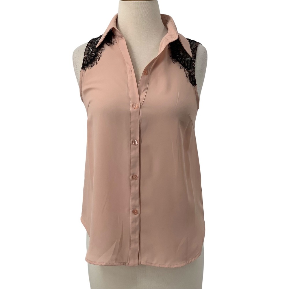 NWT Soprano Womens Sleeveless Button Down Blouse Pink/Black Lace Keyhole Back XS